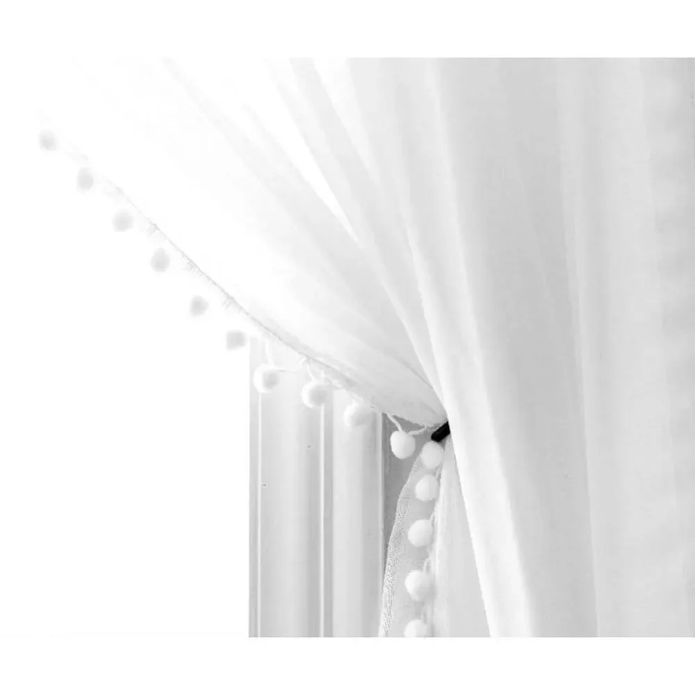 VOILYBIRD Palma Pom Pom Curtains White W40xL84 Semi Sheer Wrinkle Free Set of 2